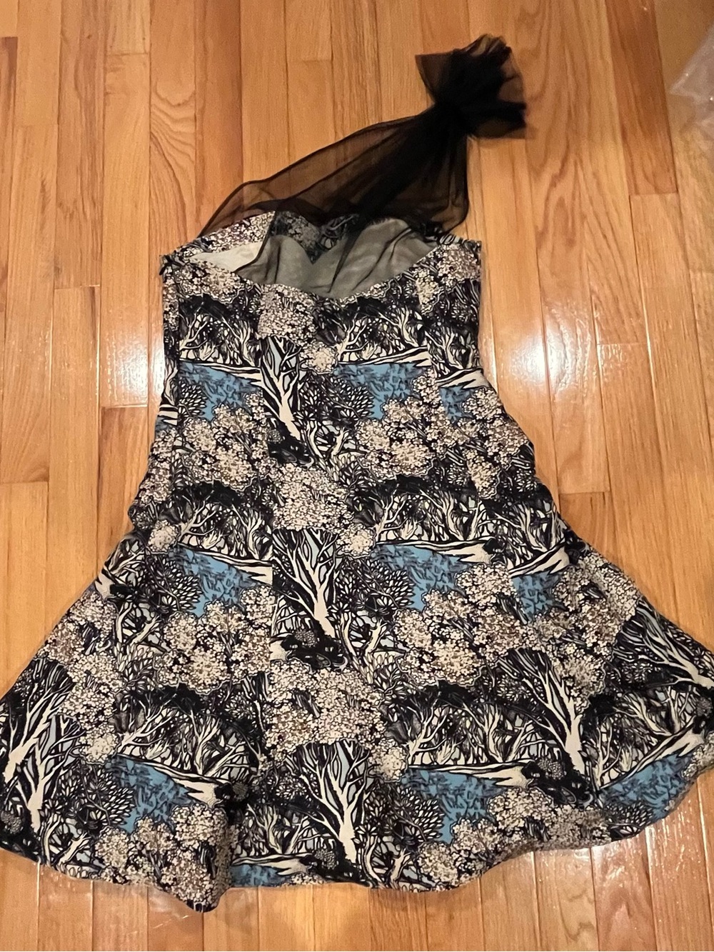 Plenty Frock! Black & Blue Floral Tree Print Strapless Dress with Sheer Neck Tie